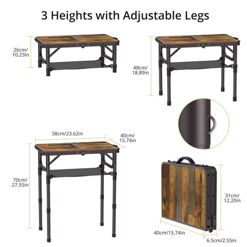 Anbte camping table with 18 inch leg height for chair-side seating