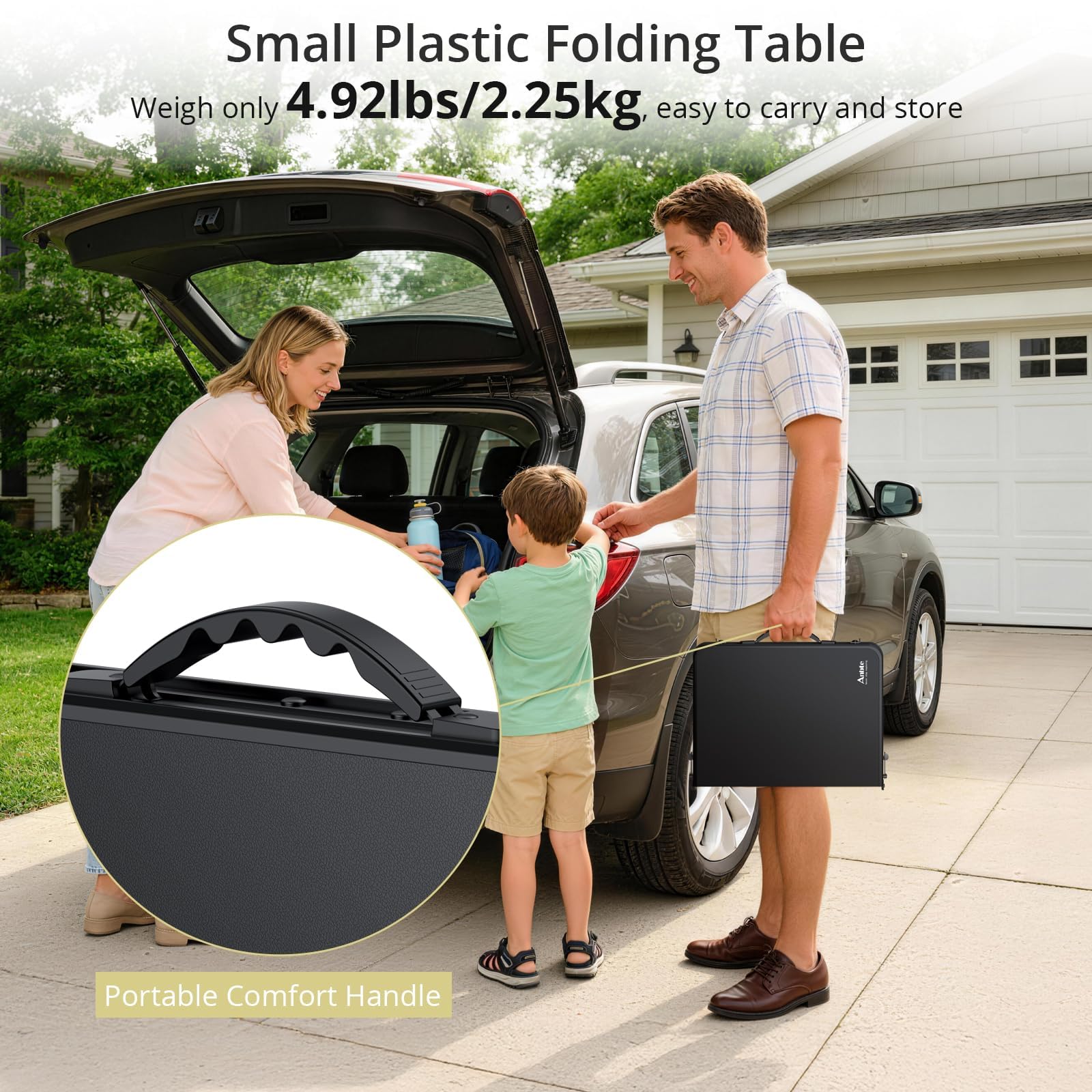 Anbte 2ft table on the beach demonstrates waterproof surface in damp conditions.