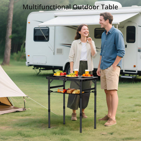 Anbte folding table in compact briefcase position shows easy portability for travel.