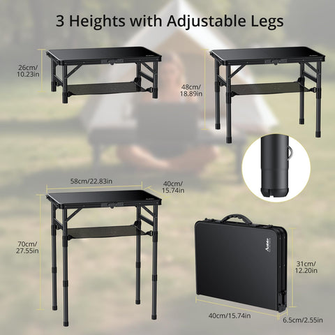 Anbte table with adjustable-height legs for lawn seating or bench use.