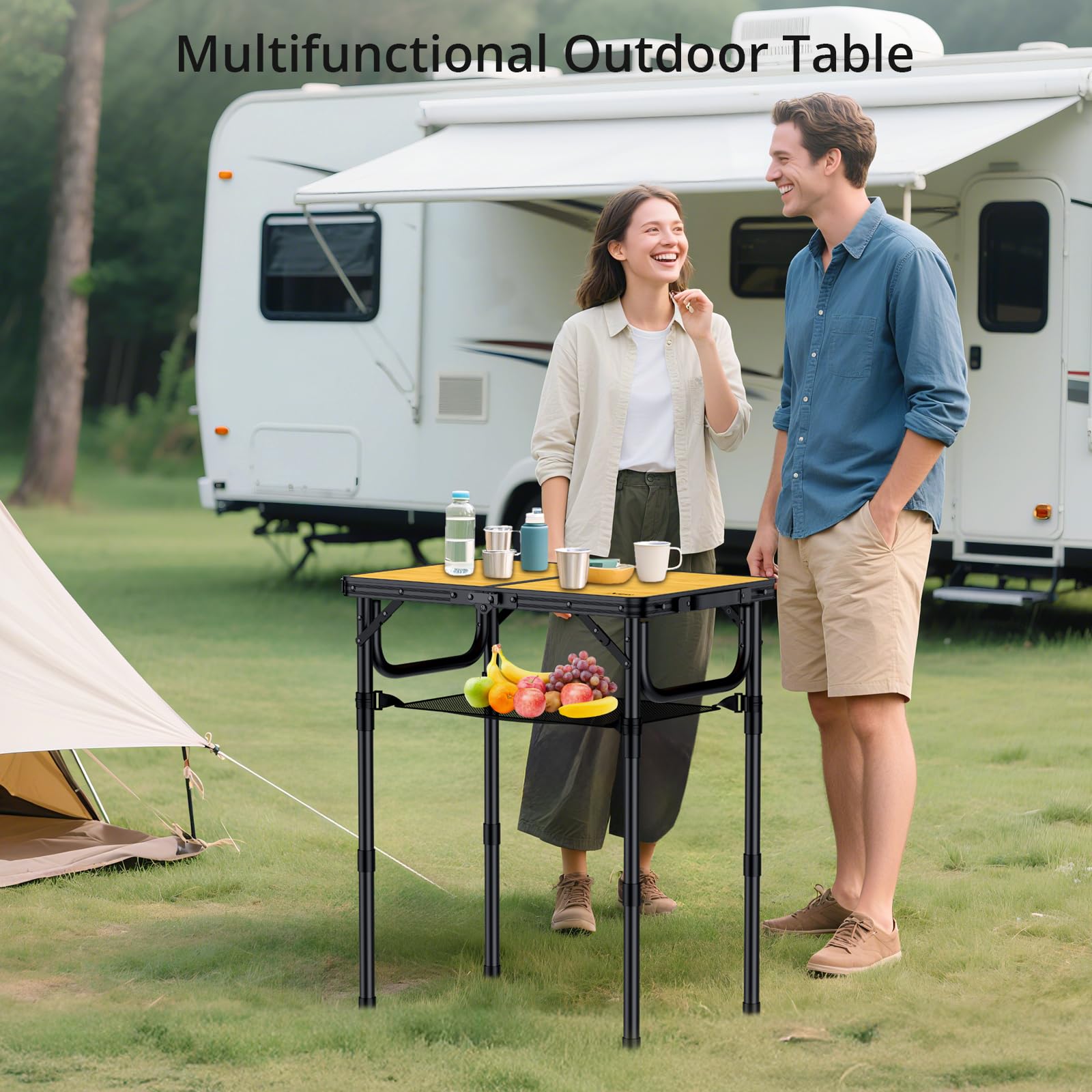 Anbte table with three-height legs for versatile picnic or work setups.
