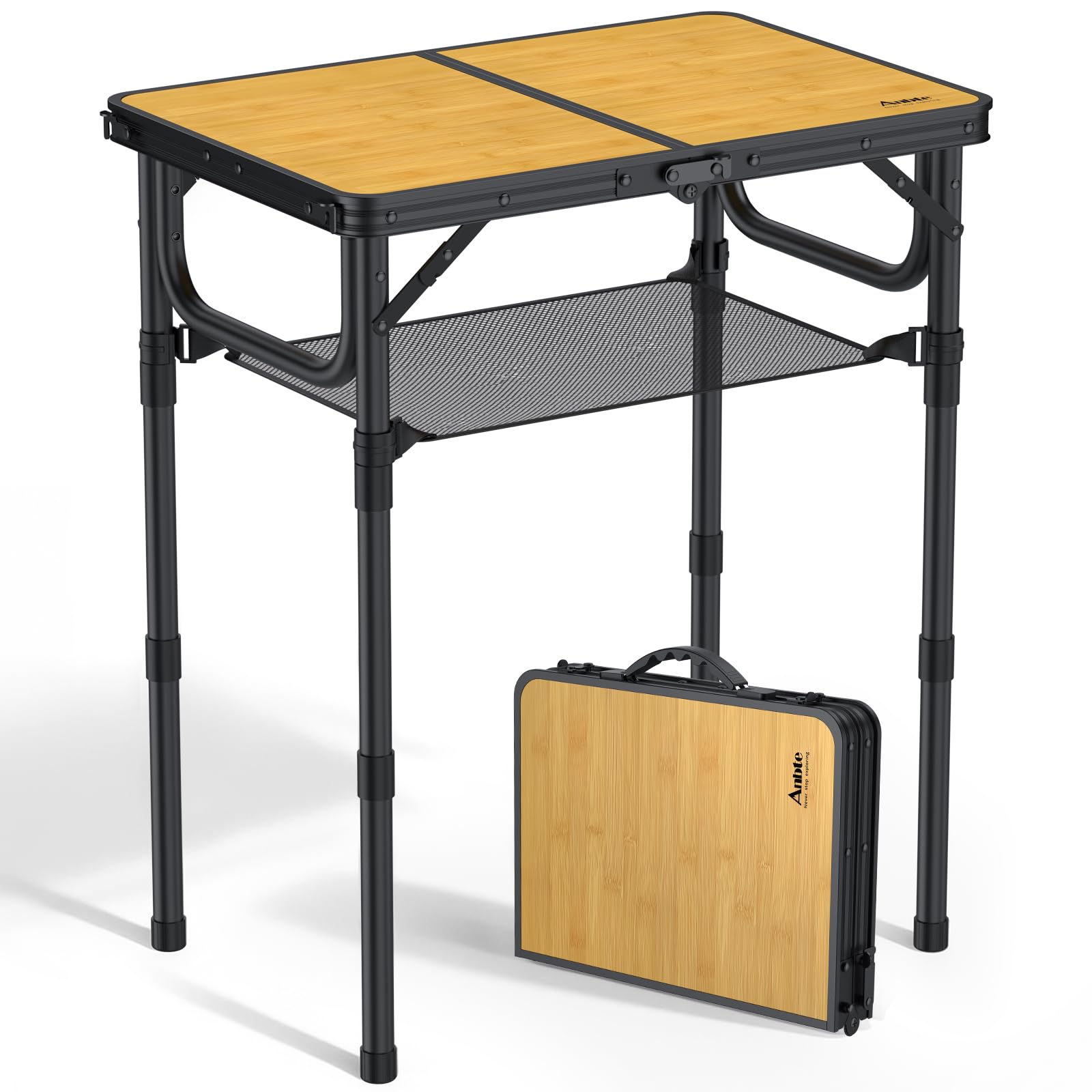 Anbte camping table with storage net under the top for extra gear.