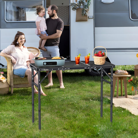 Black, durable coating protects the Anbte table against the elements outdoors.