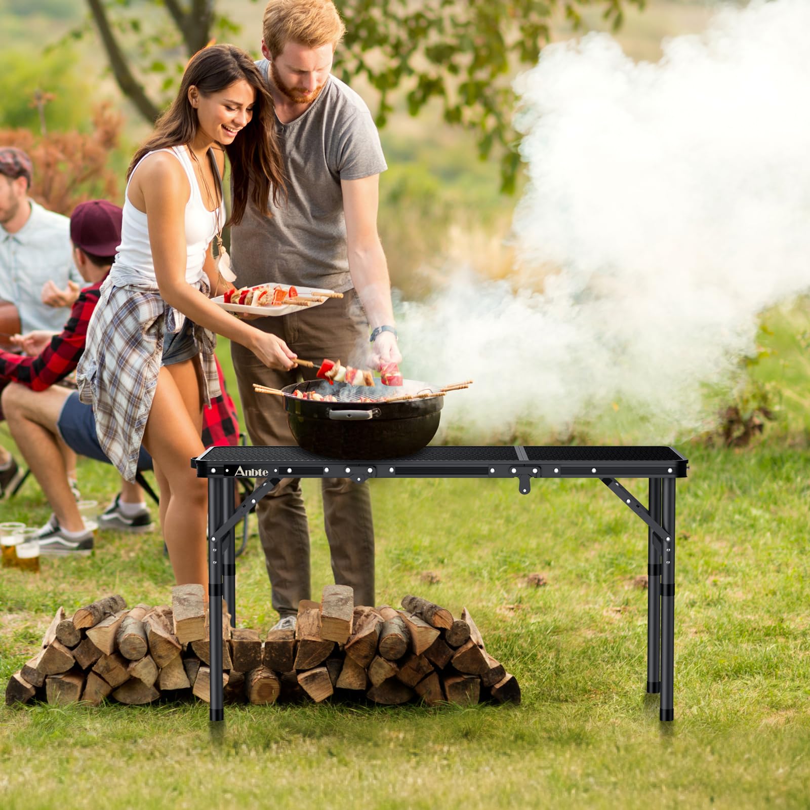 Anbte table with height-adjustable legs adapts to picnic, BBQ, or camping setups.