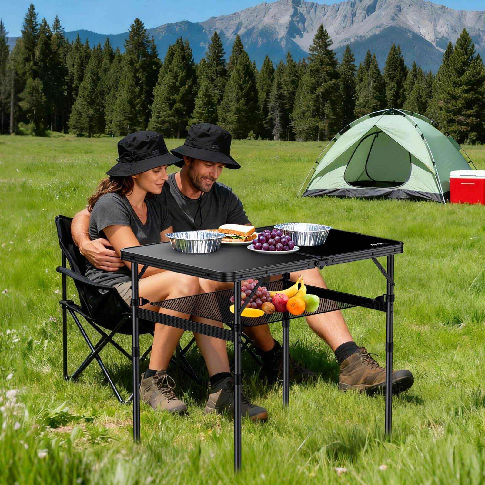 Anbte folding table height adjustment enables comfortable seating.