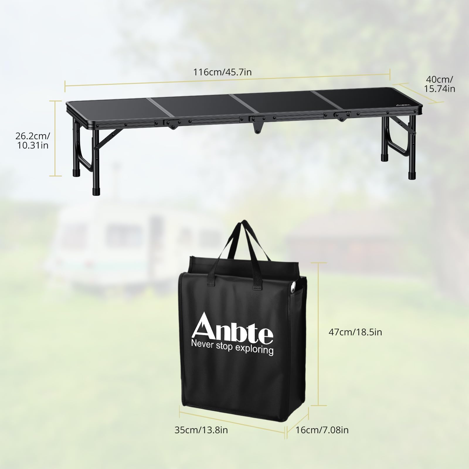 Anbte portable black camping table with handle for easy beach carry.
