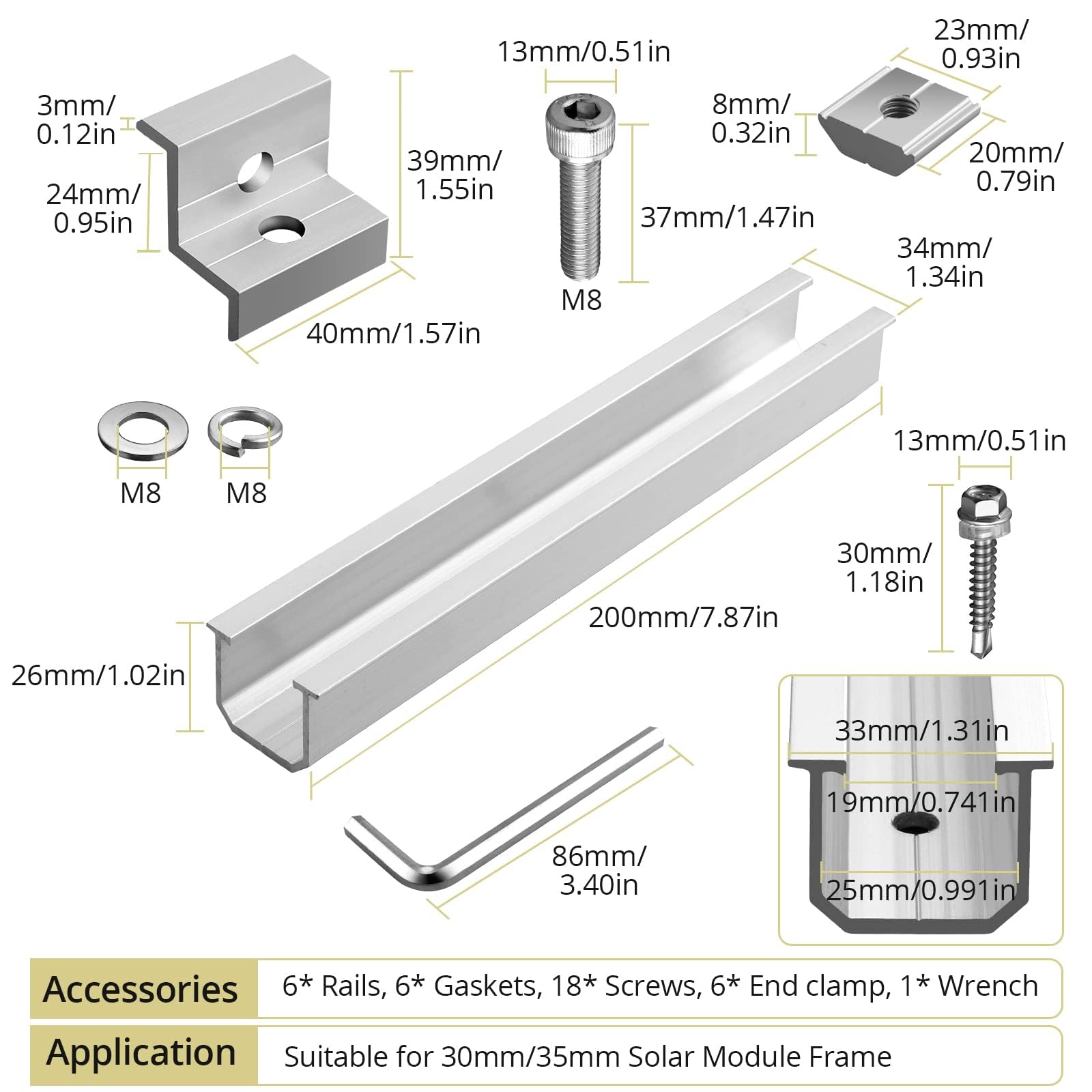 Anbte rail 7-87in mount provides strong support for multiple panel configurations on roofs.