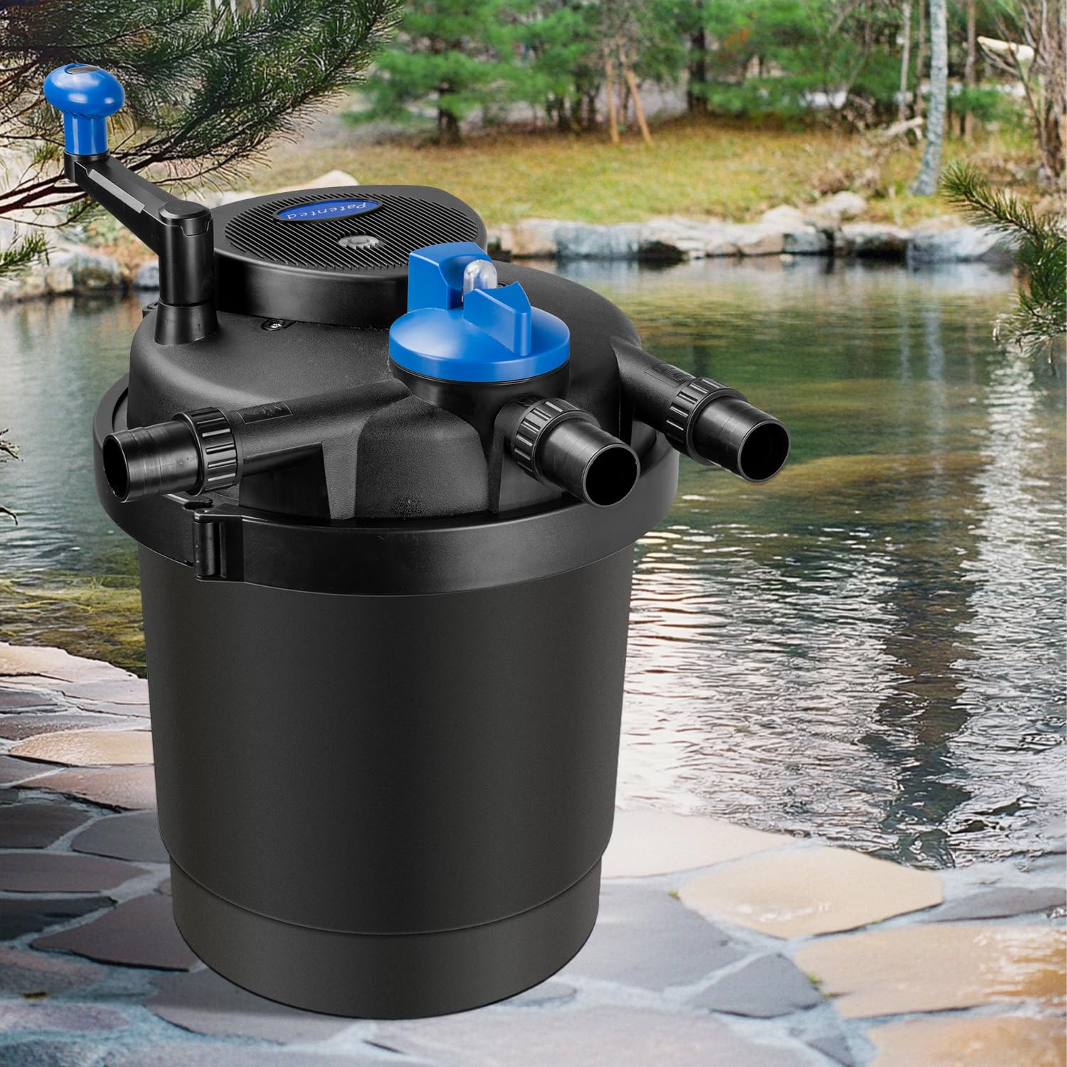 Anbull Bio Pressure Pond Filter installed in a pond ready for use with koi or fountain