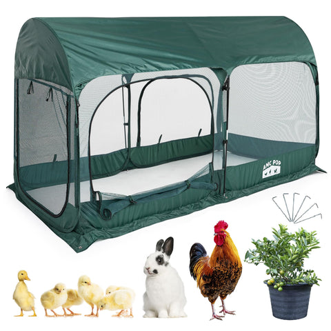 ANC POP portable chicken run assembled outdoors, spacious shelter for chickens.