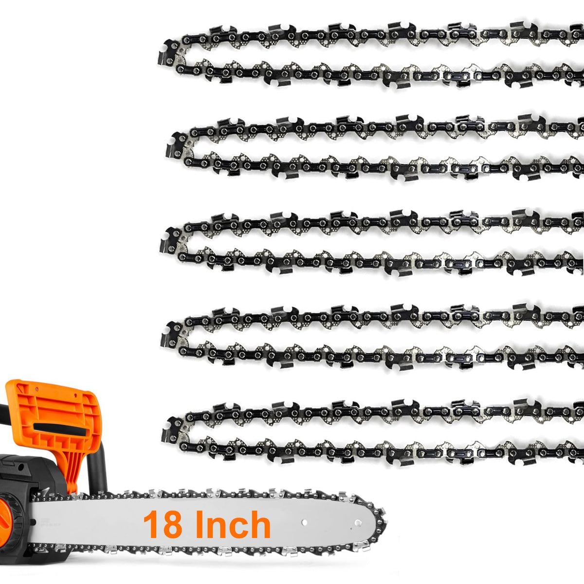 ANCKNE 5-pack 18-inch chainsaw chain ready for quick replacements.