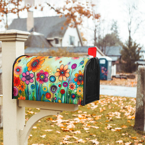 Ancordivo abstract floral mailbox cover shown with colorful garden backdrop