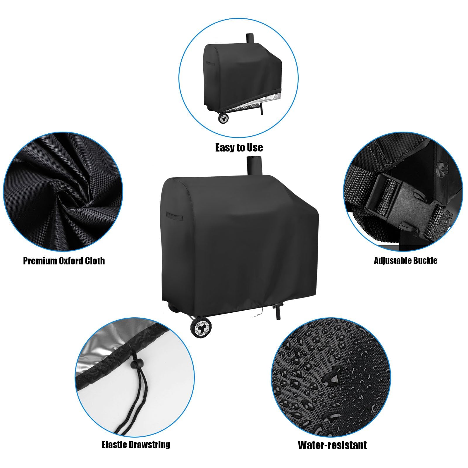 Andacar charcoal grill cover showing drawstrings and buckle for windy stability