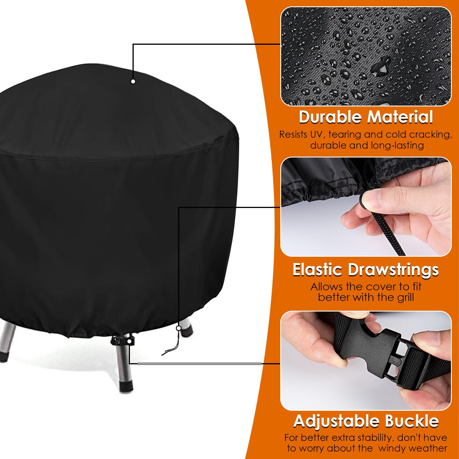 Andacar grill cover shows adjustable drawstrings and buckle for secure fit.