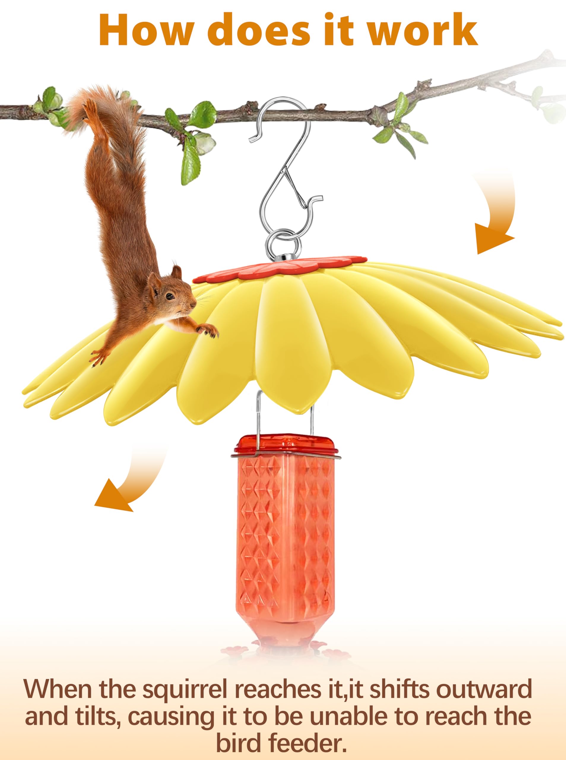 Andergi outdoor bird house yellow squirrel baffle helps reduce seed loss.