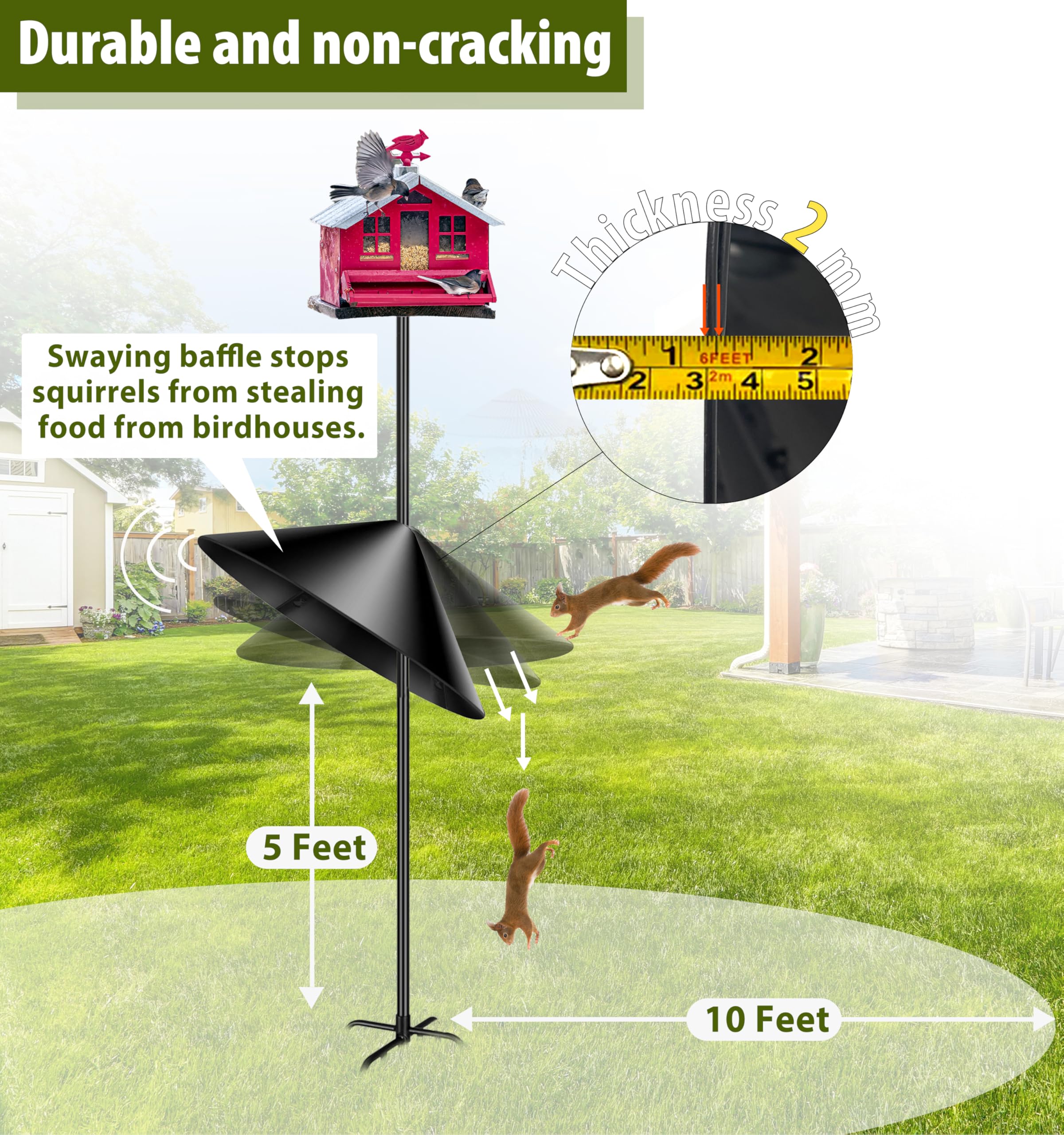 Andergi outdoor squirrel-proof baffle on a black shepherd hook.