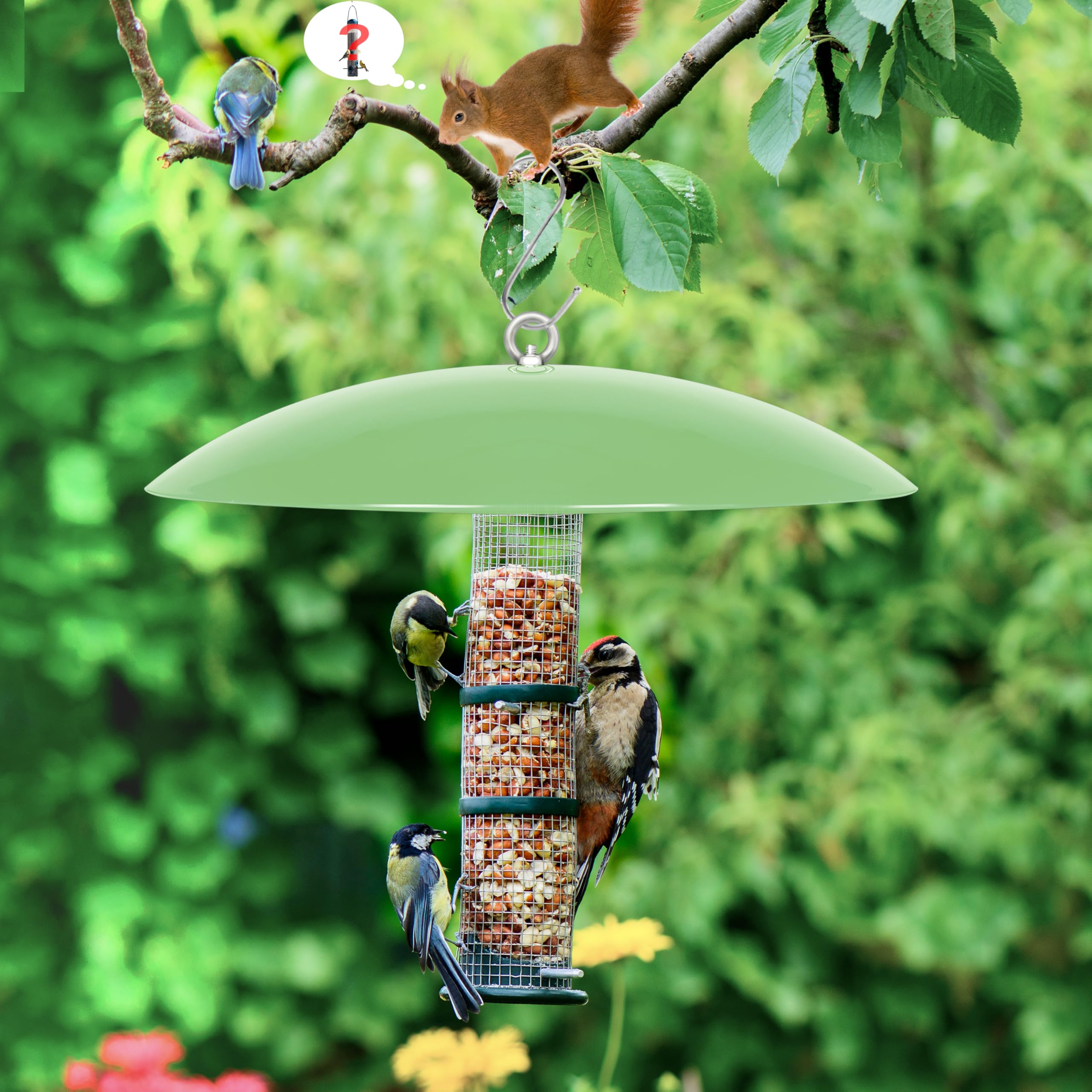 The andergi squirrel-deterrent umbrella helps keep birdseed available.