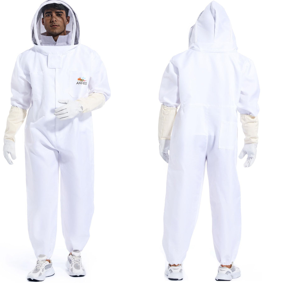 ANDES bee suit with detachable veil for full-body protection during hive inspections.