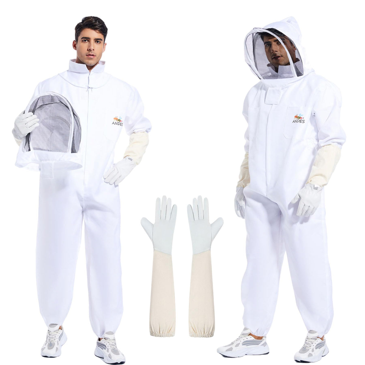 ANDES bee suit with ventilated hood for clear visibility during hive inspections.