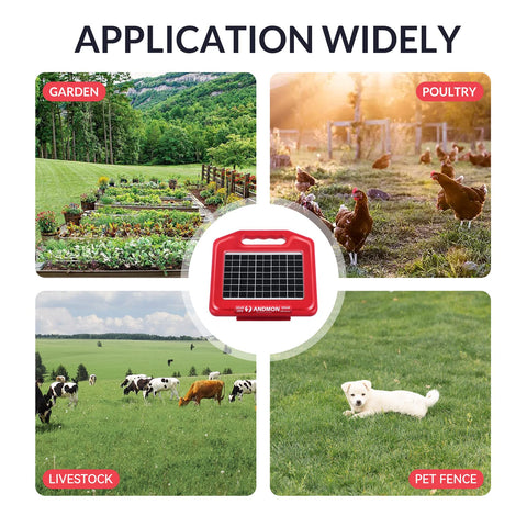 Andmon fence charger guards crops and livestock on farmland.