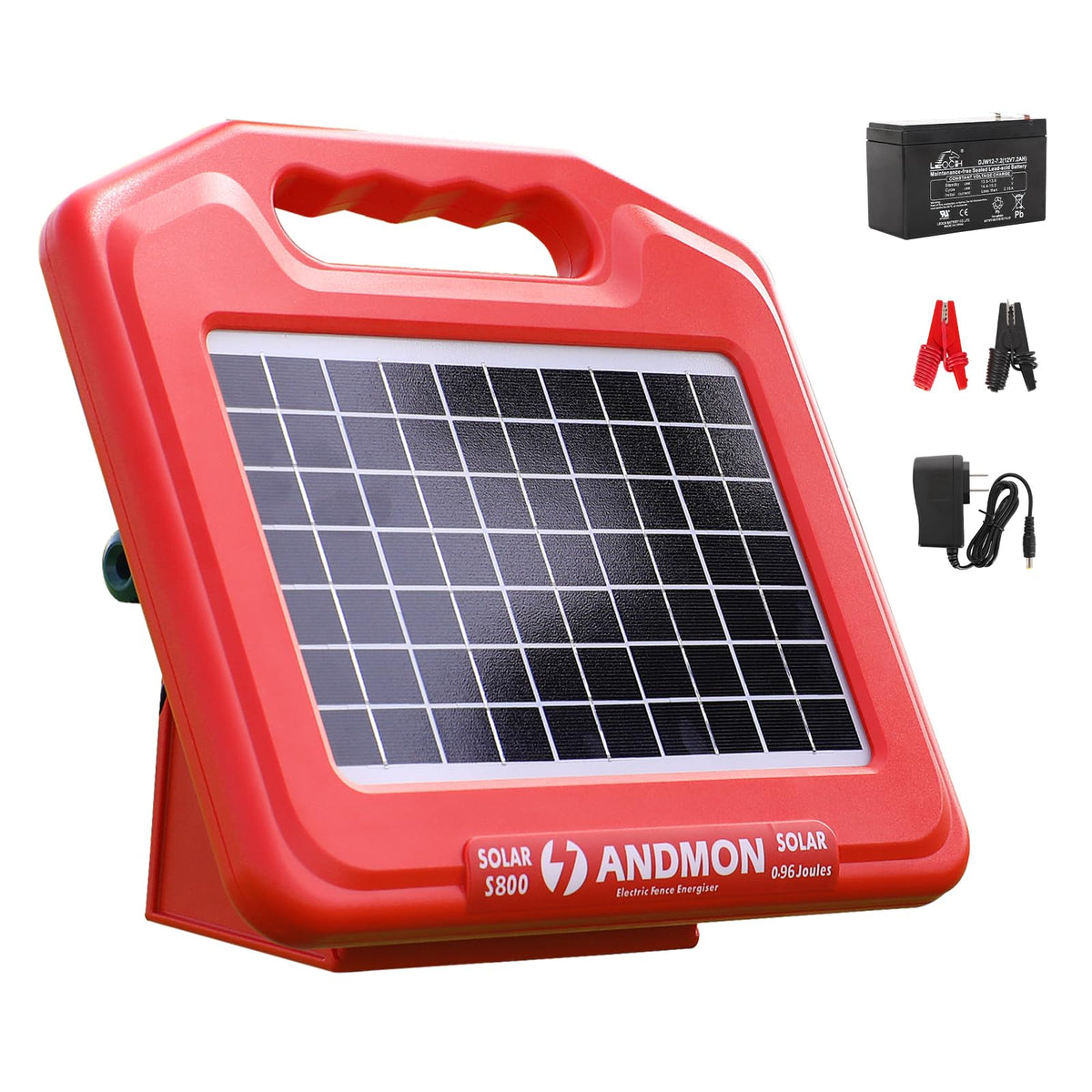 Andmon 50 Miles solar fence charger front view protecting livestock and garden.