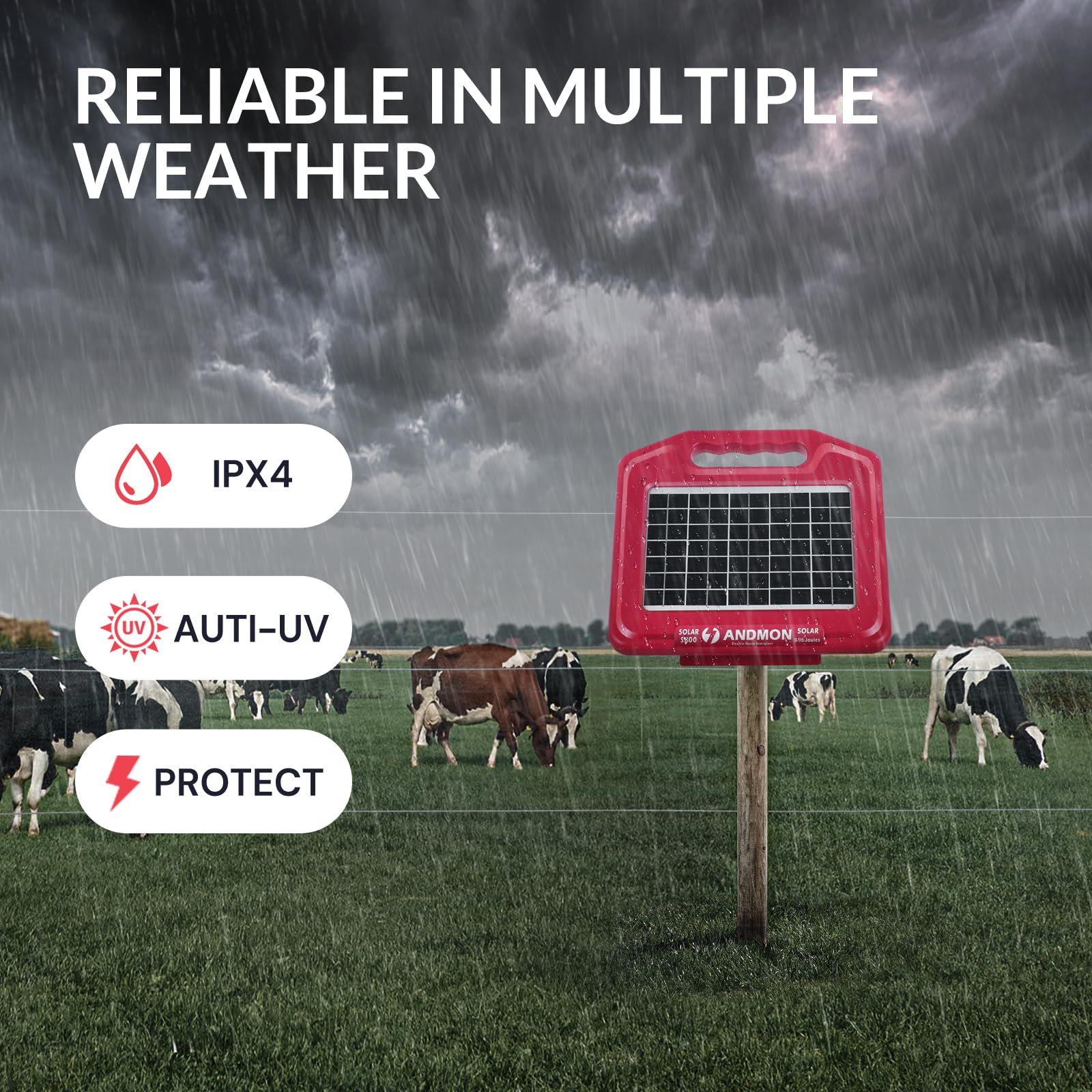 Andmon solar fence charger installed on wooden post for flexible fencing.