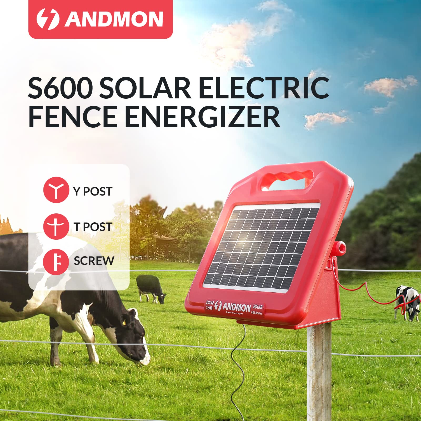 Andmon 50 Miles solar fence charger side mount demonstrates versatile installation.