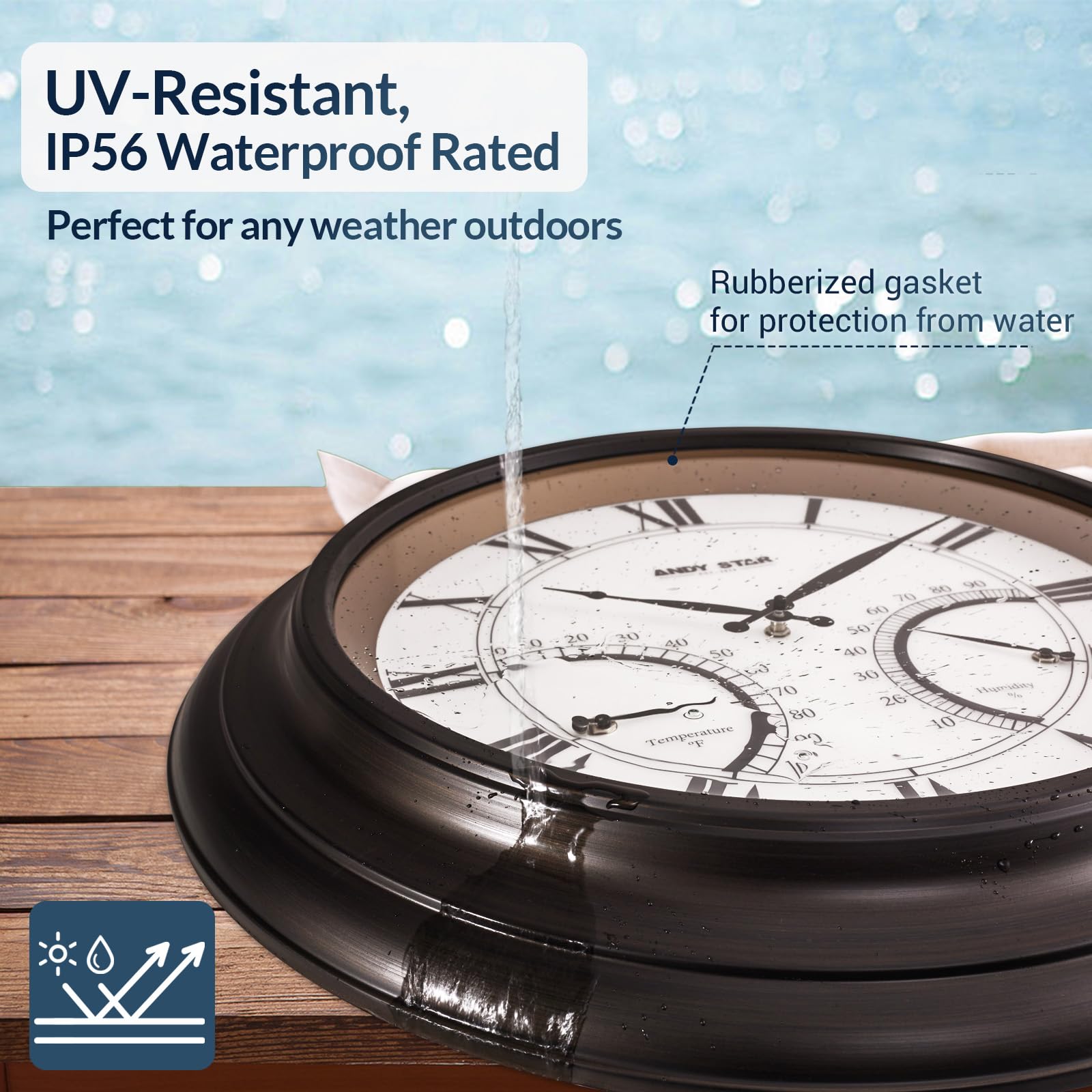 ANDY STAR IP56 waterproof rating protects the clock in rain and splashes.