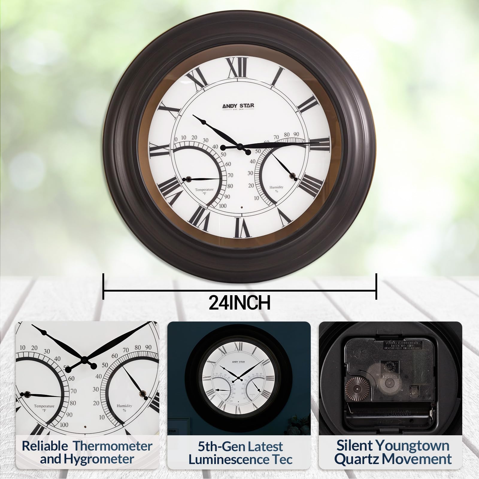 ANDY STAR oil rubbed bronze black finish clock adds durable style to exterior walls.