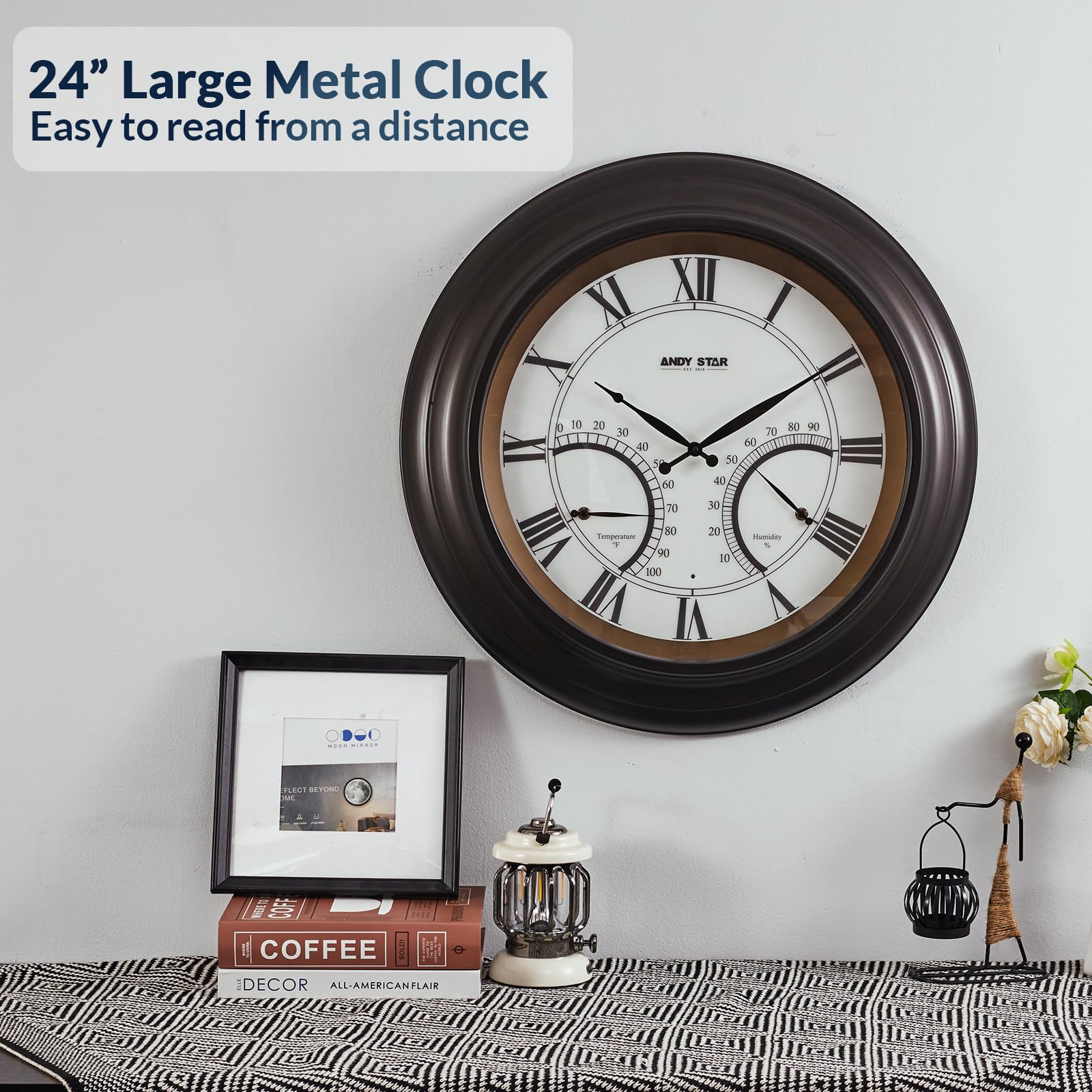 ANDY STAR durable outdoor clock suitable for patios, gardens, and poolside decor.
