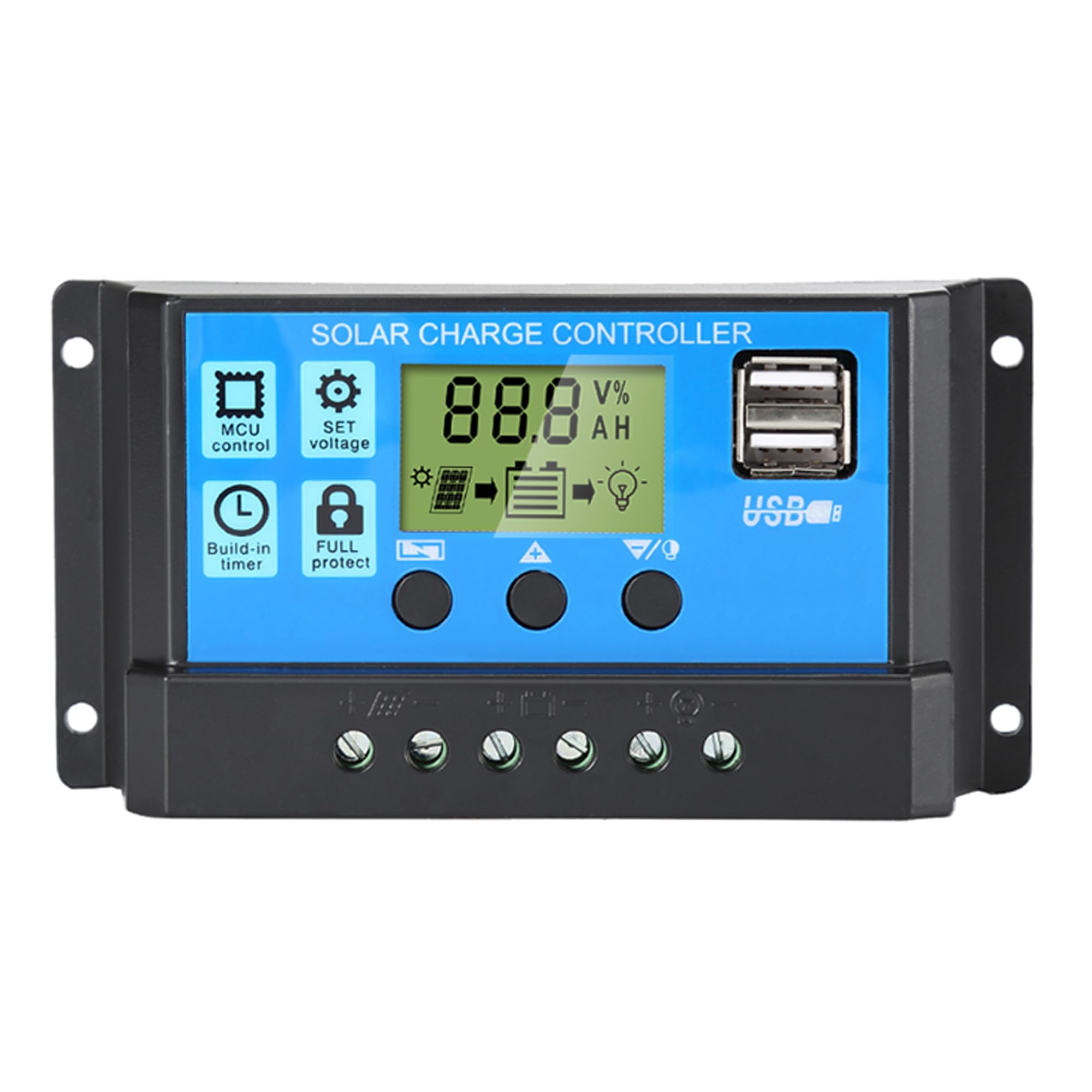 Anern 30A solar charge controller front view showing LCD display for easy monitoring.