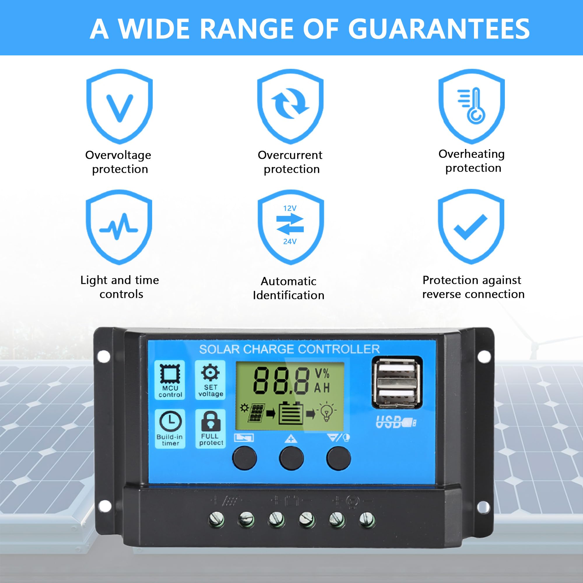Anern 30A solar charge controller LCD display demonstrates mode switching for flexible setup.