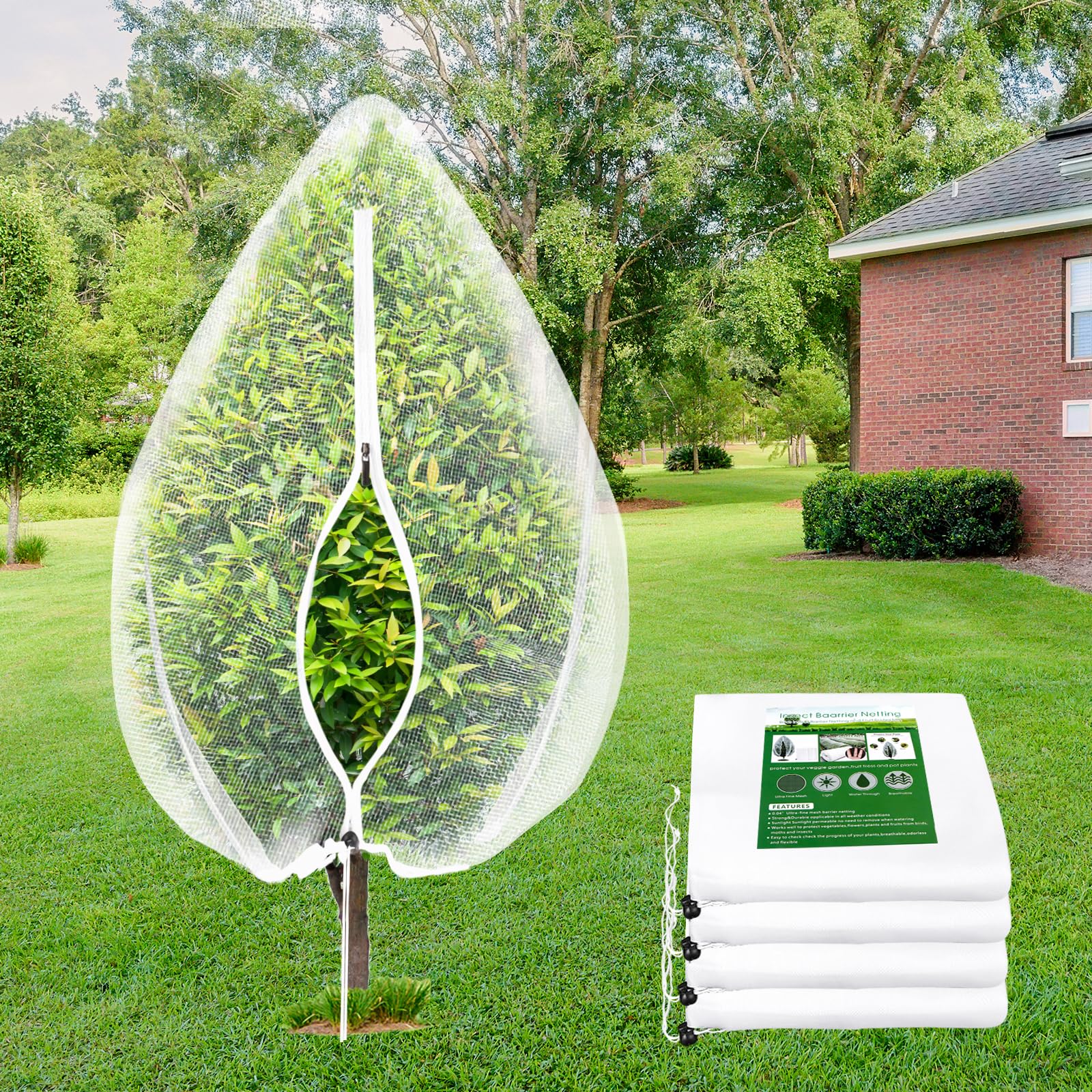 ANGAR four-piece fruit tree netting with drawstring and zipper protecting plants and enabling easy access