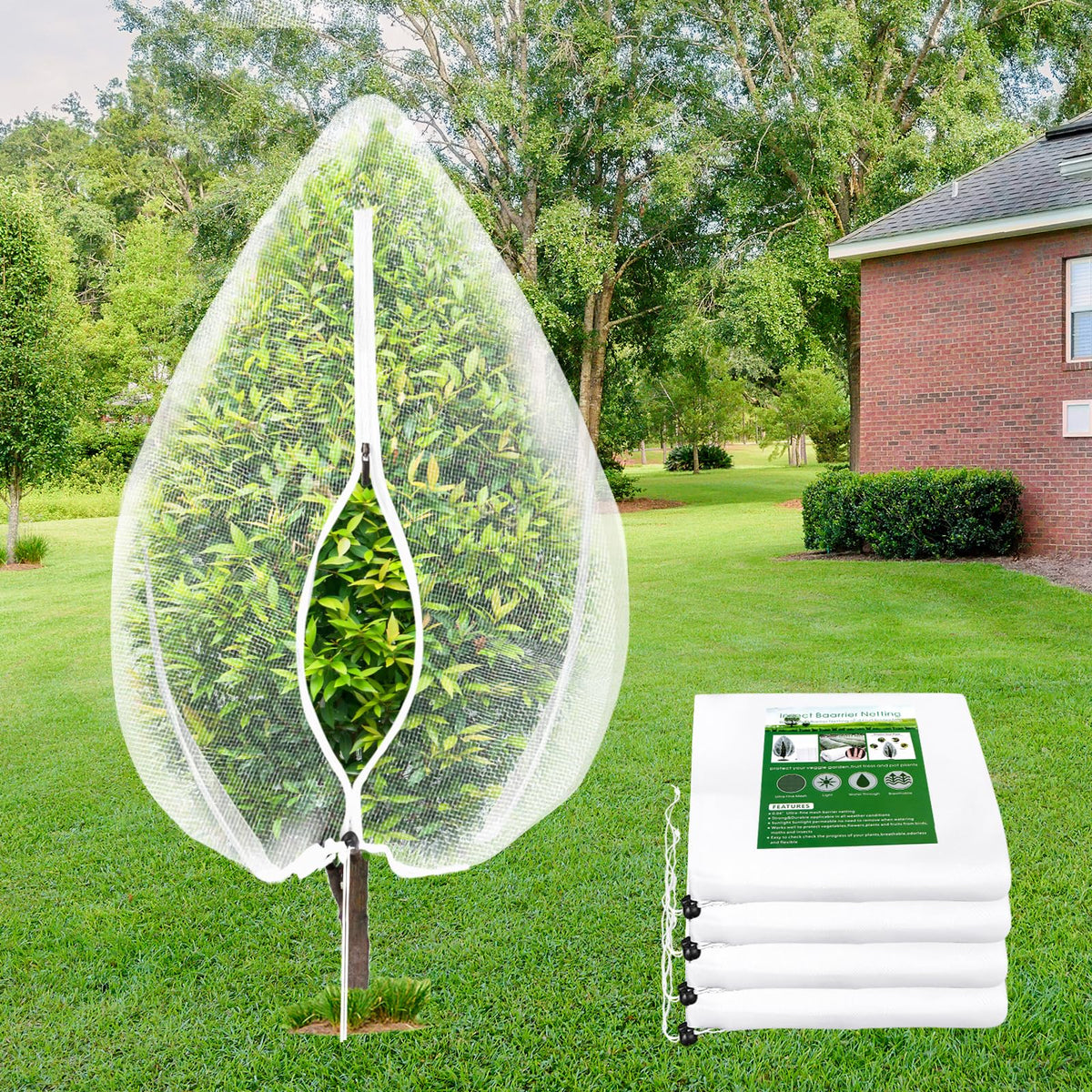 ANGAR four-piece fruit tree netting with drawstring and zipper protecting plants and enabling easy access