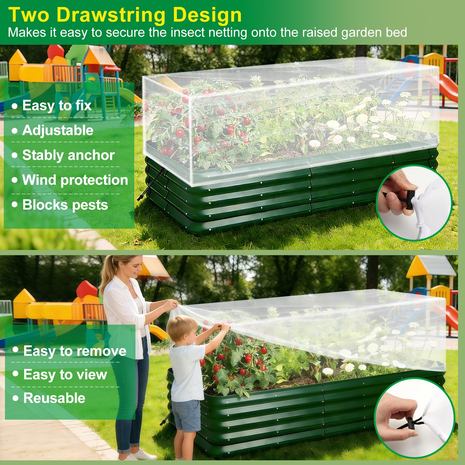 Angar versatile netting over patio containers or seedling trays.