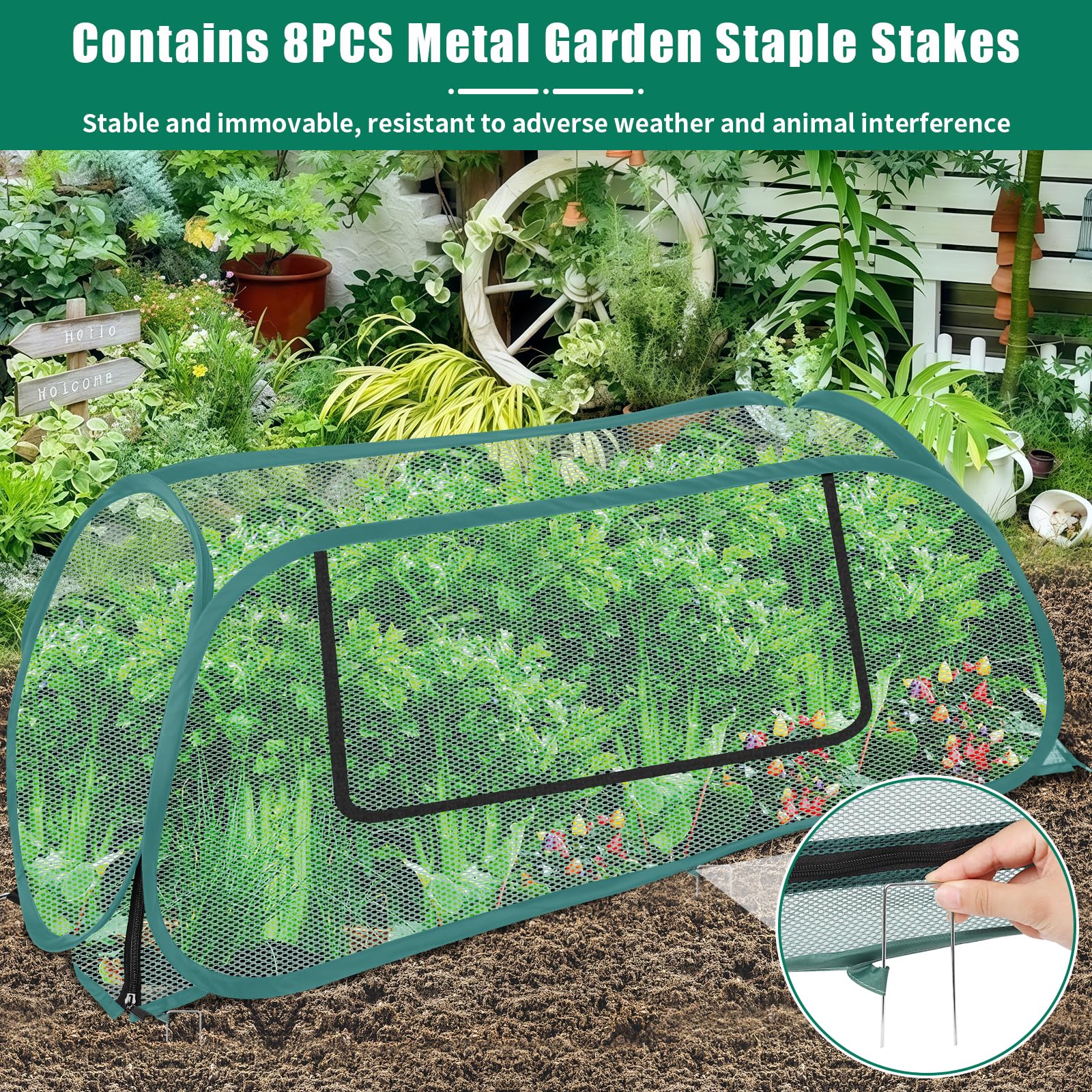 ANGAR pop-up mesh cover with roll-up window for quick plant checks.
