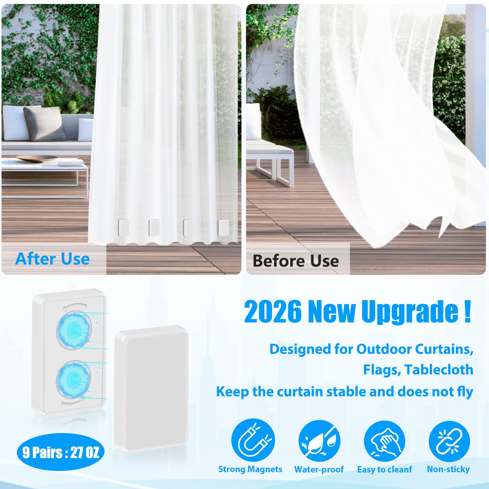 ANGAR waterproof magnetic curtain weights bottom resist rust and rain to last longer.