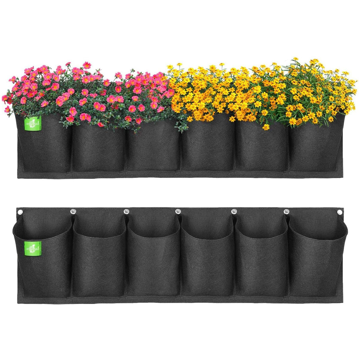 ANGTUO six-pocket planter front view, space-saving balcony garden solution.