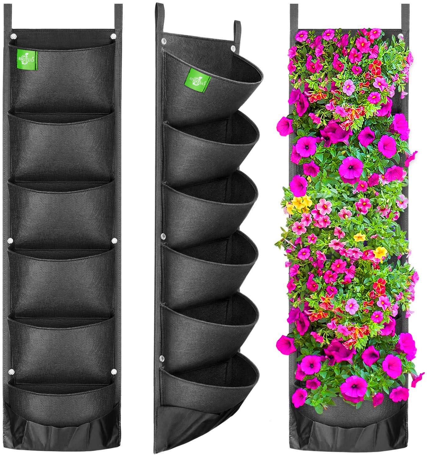 ANGTUO 6-pocket hanging planter on a rail boosts space-efficient vertical gardening.