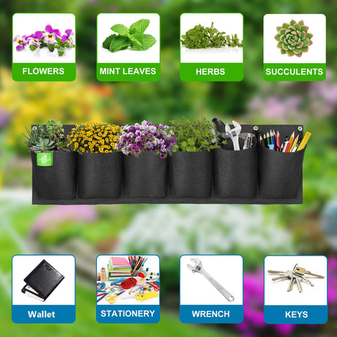 ANGTUO six-pocket planter on railing, compact vertical garden setup.