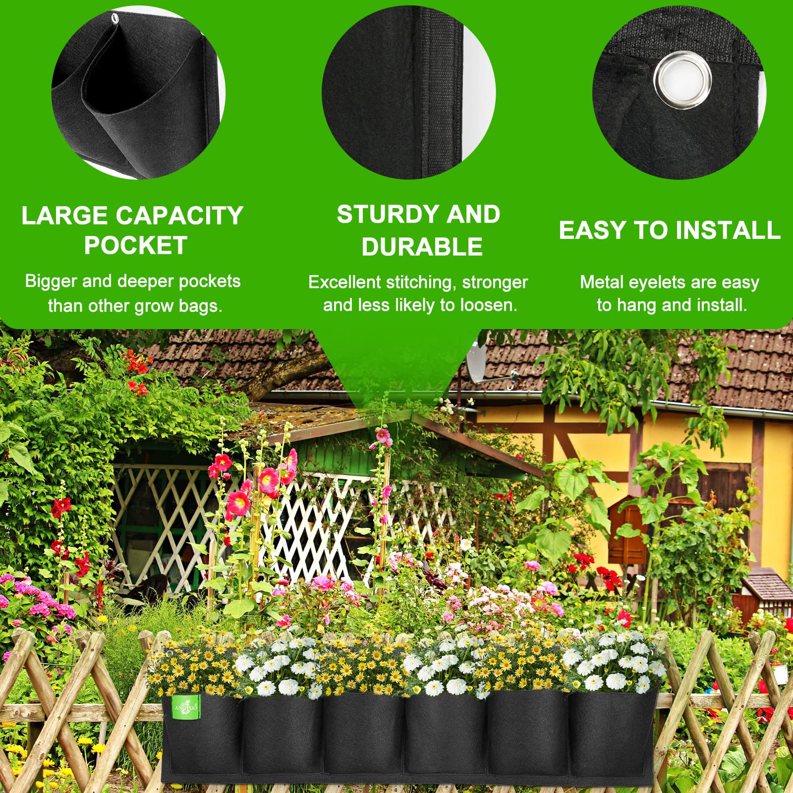 ANGTUO six-pocket planter side mount for easy wall installation.