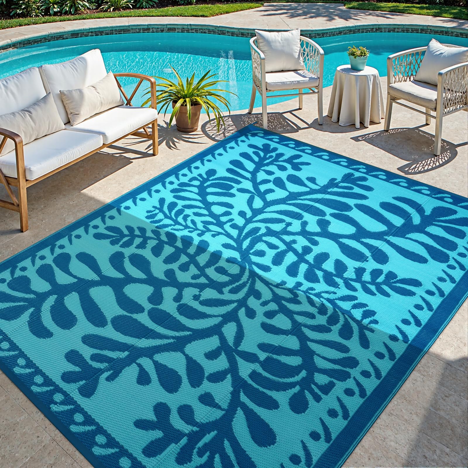 Anidaroel outdoor rug with blue aquatic pattern for patios adds nature-inspired style