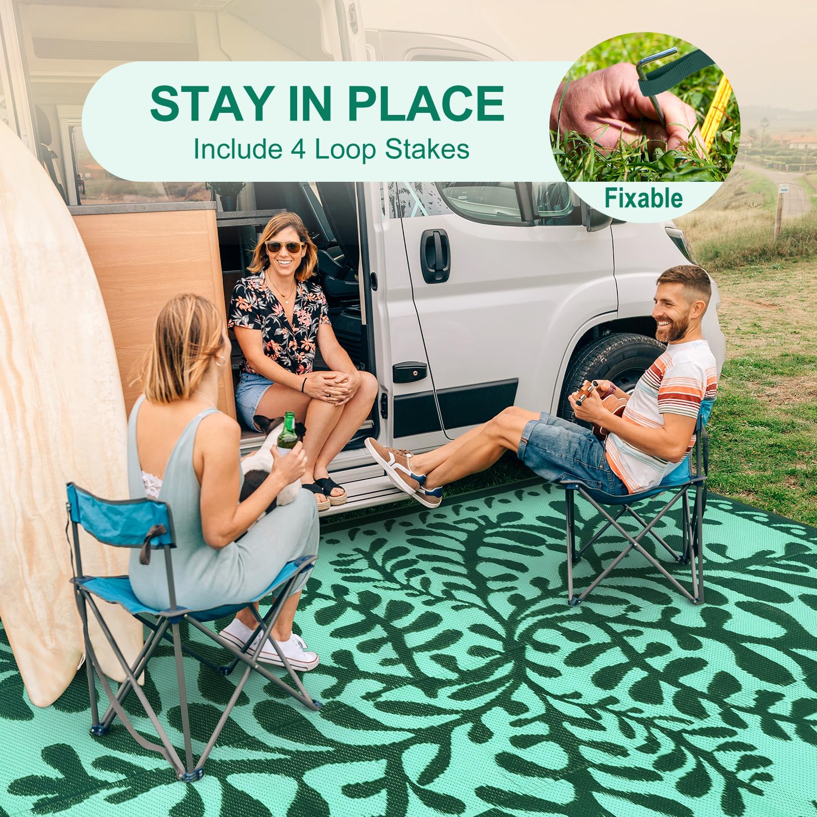 Anidaroel rug comes with four stakes for secure outdoor setup