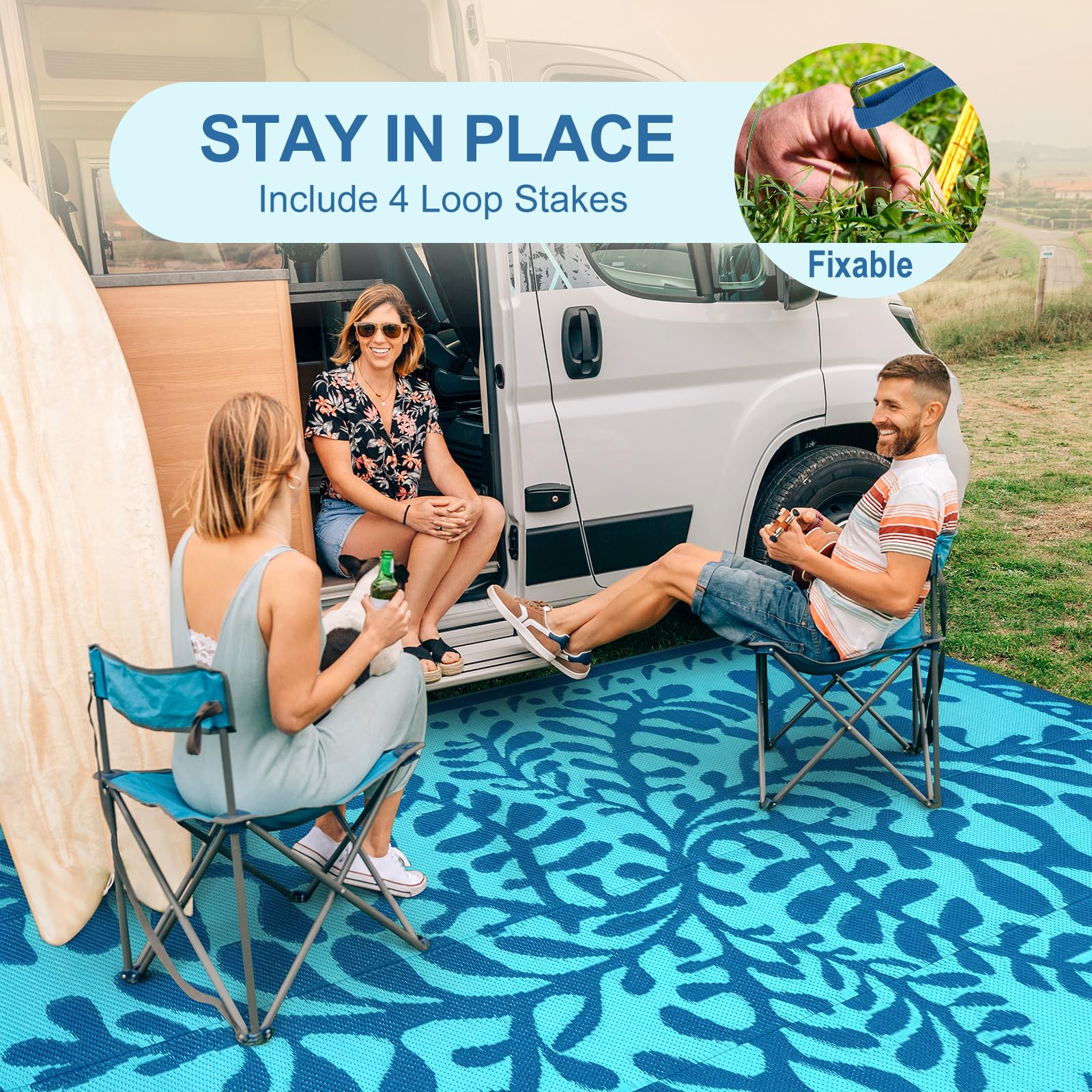 Anidaroel rug with four stakes secures on breezy RV trips