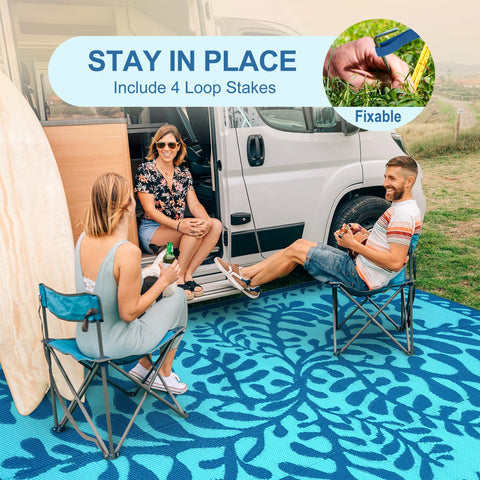 Anidaroel rug with four stakes secures on breezy RV trips