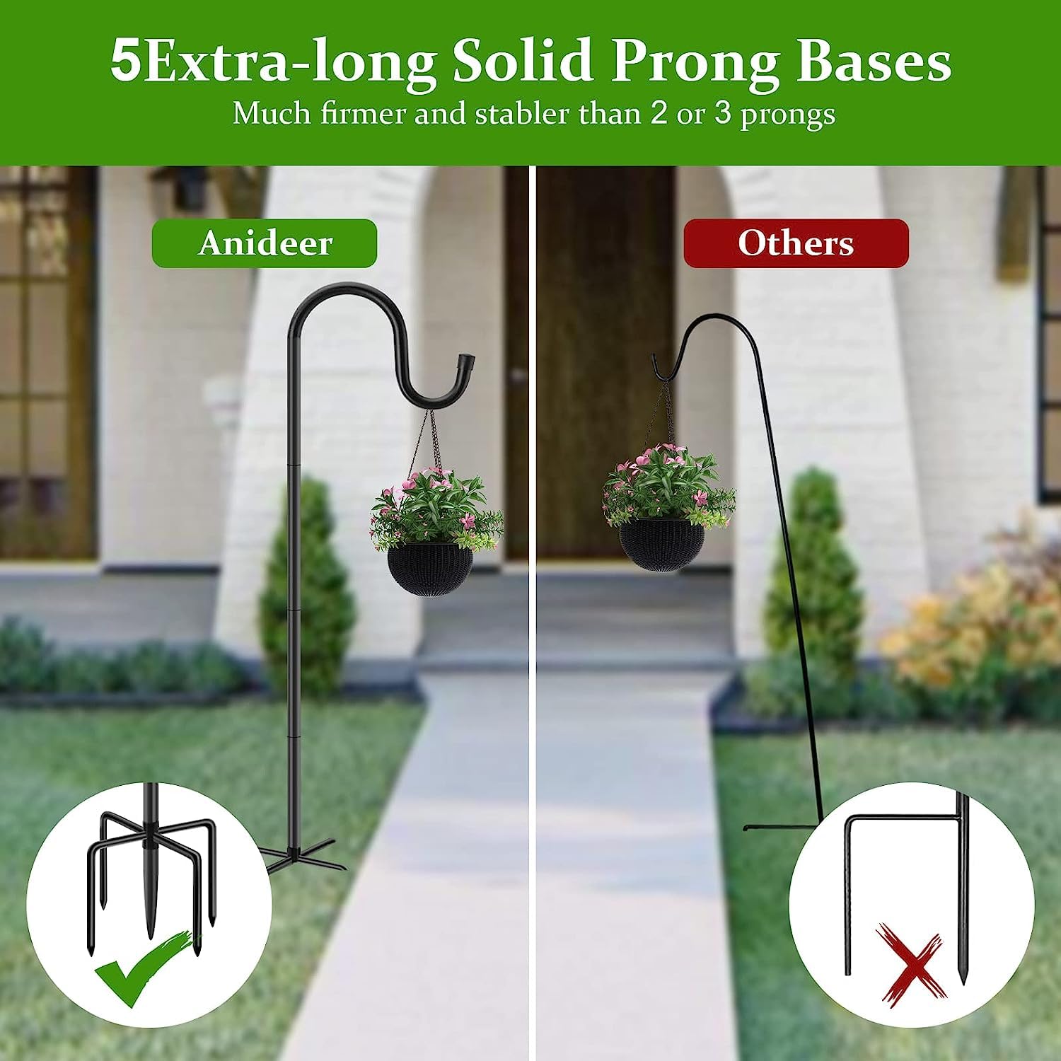 ANIDEER grounded shepherd hook with five-prong base prevents tipping.