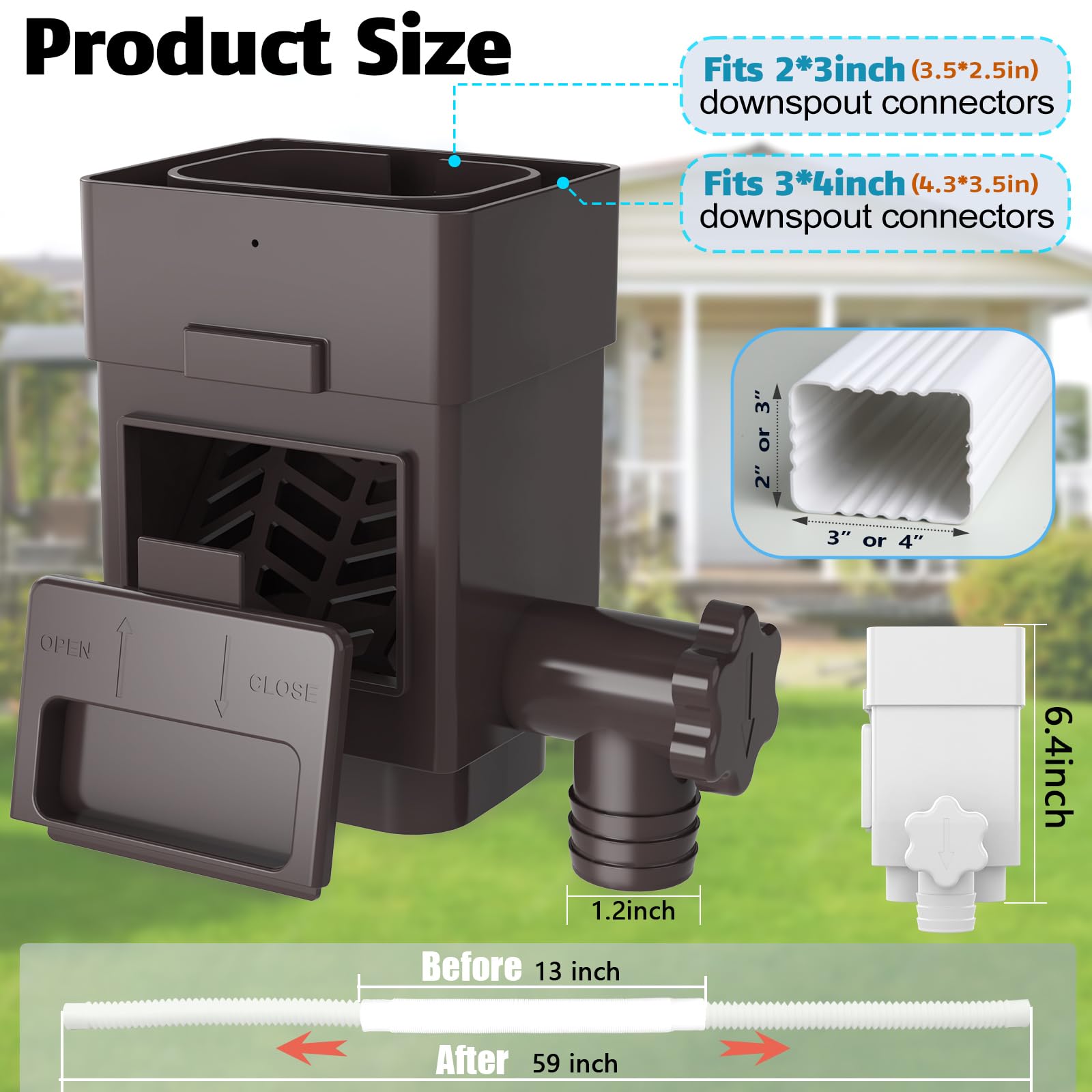 Anivia five-foot brown hose ready to direct rainwater to storage.