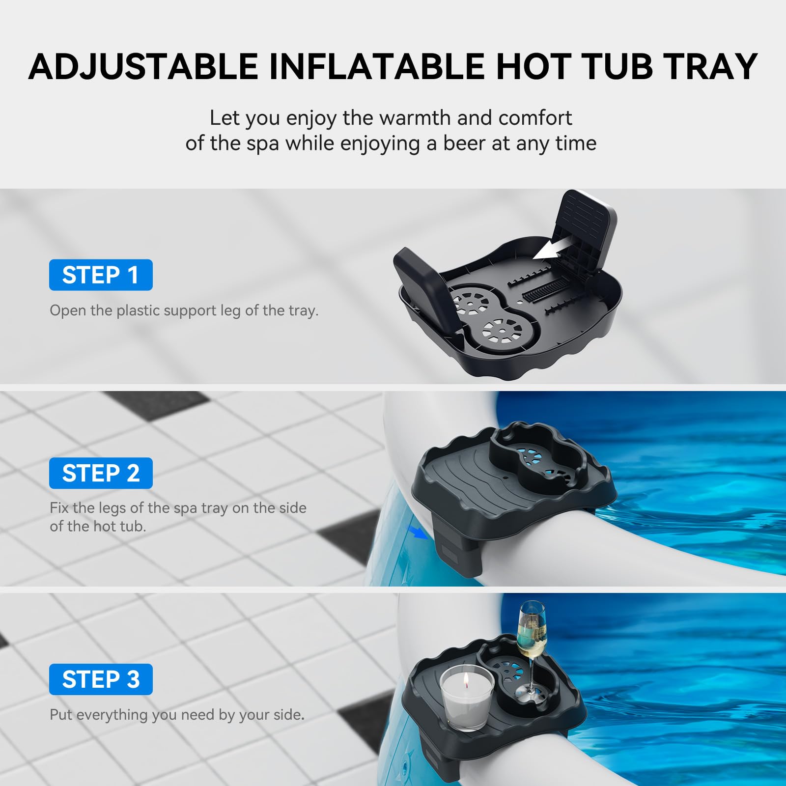 Anivia tray compact size fits neatly beside the inflatable spa for easy access