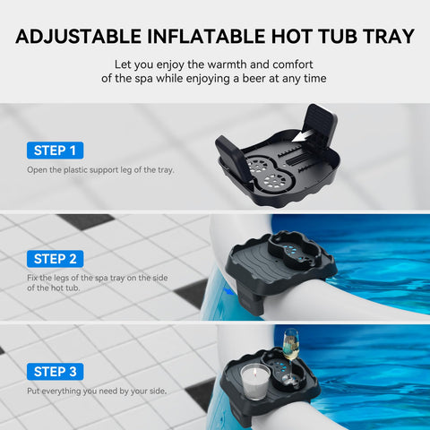 Anivia tray compact size fits neatly beside the inflatable spa for easy access
