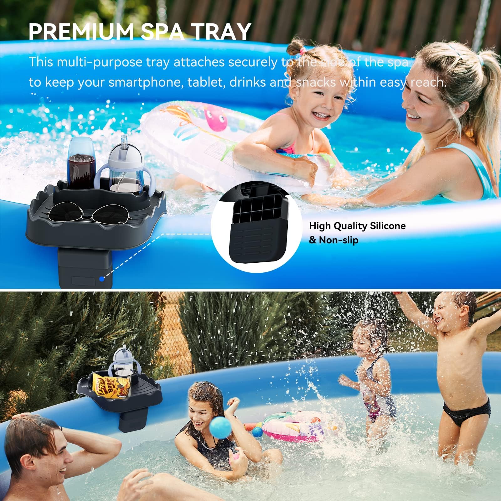 Anivia tray holds 2 drinks within reach beside the inflatable hot tub