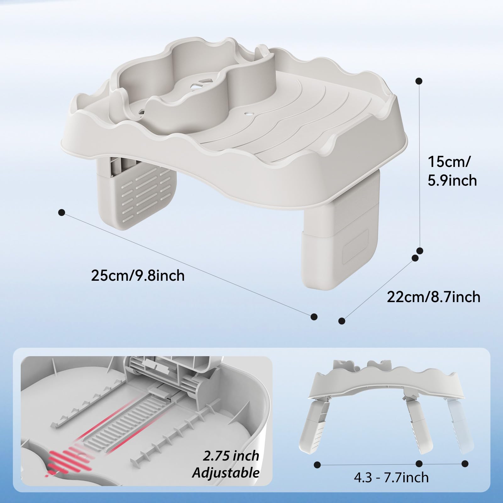 Anivia tray's non-slip rubber protects tub walls while keeping items in place.